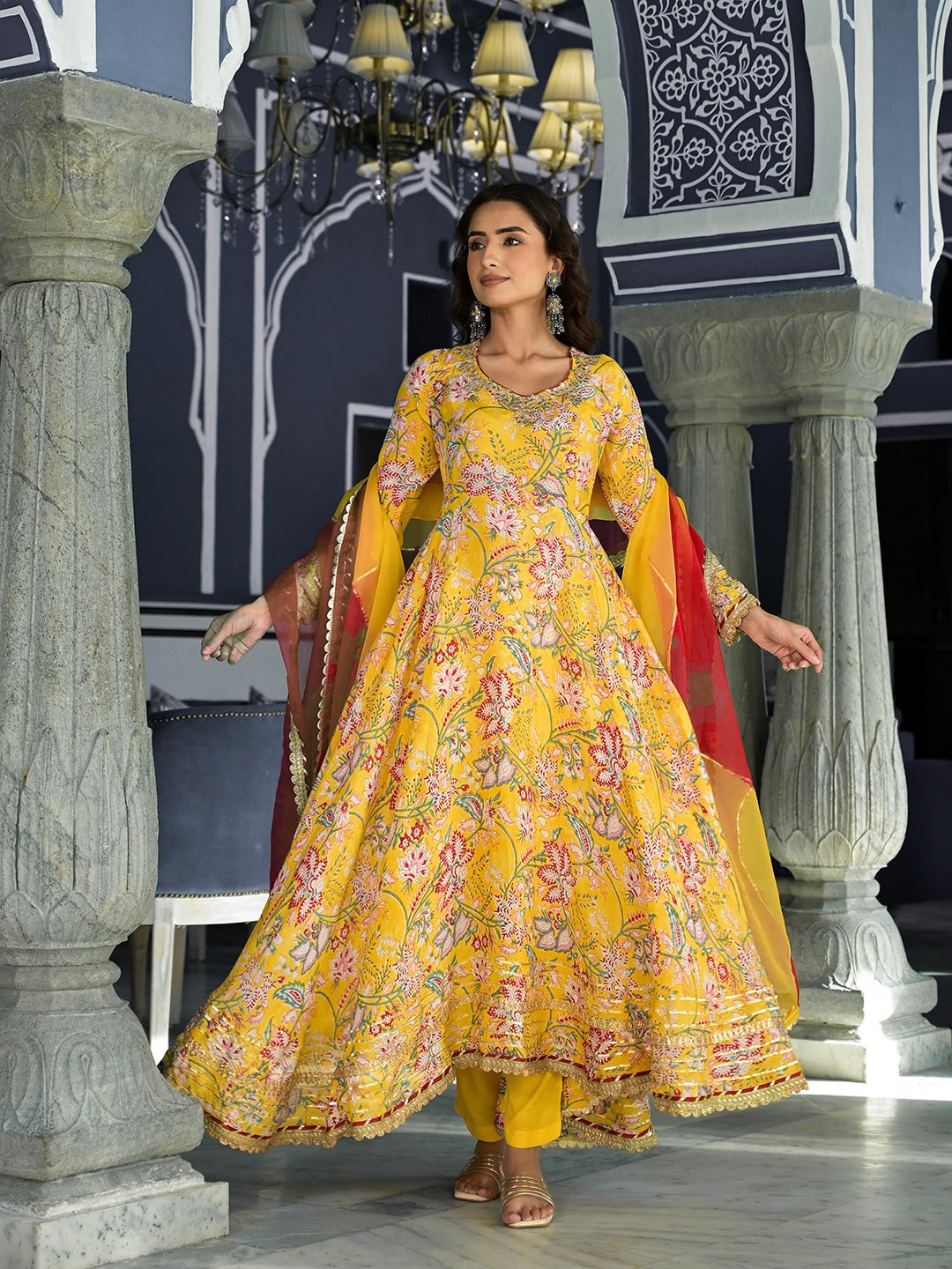 Yellow Floral Printed Anarkali Kurta Trouser Set With Organza Dupatta