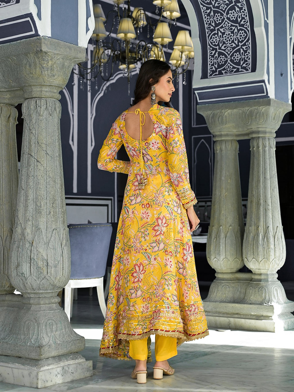 Yellow Floral Printed Anarkali Kurta Trouser Set With Organza Dupatta