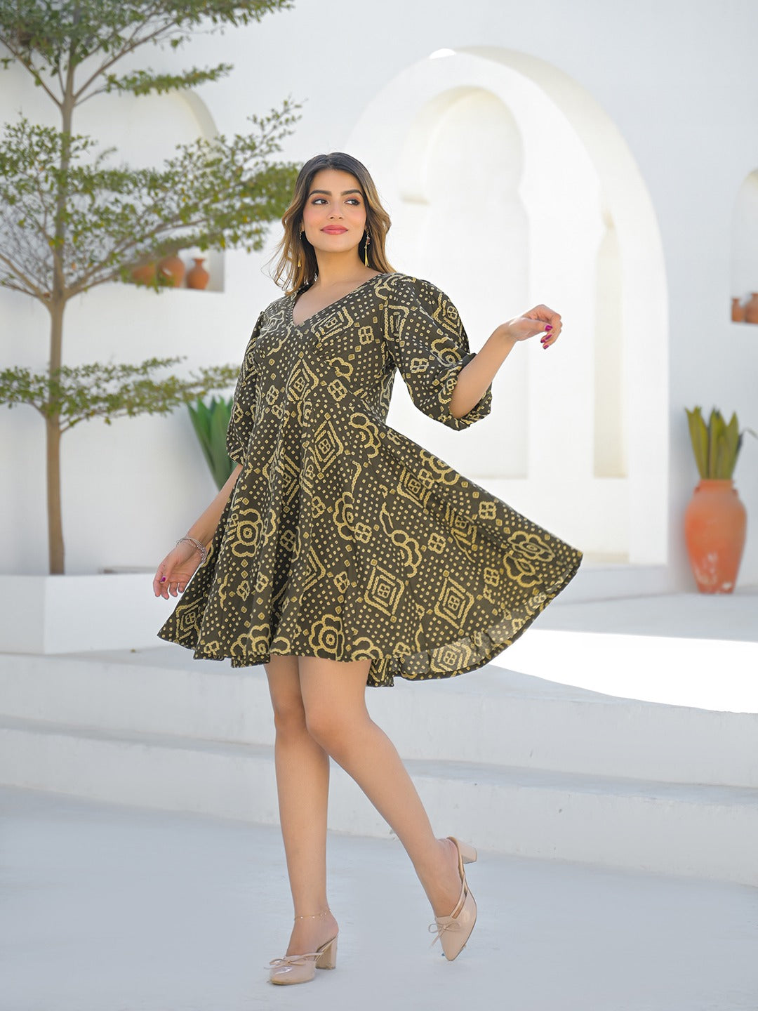 Olive Printed Pure Cotton Dress