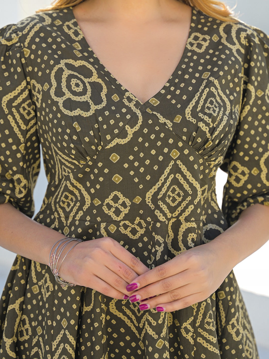 Olive Printed Pure Cotton Dress