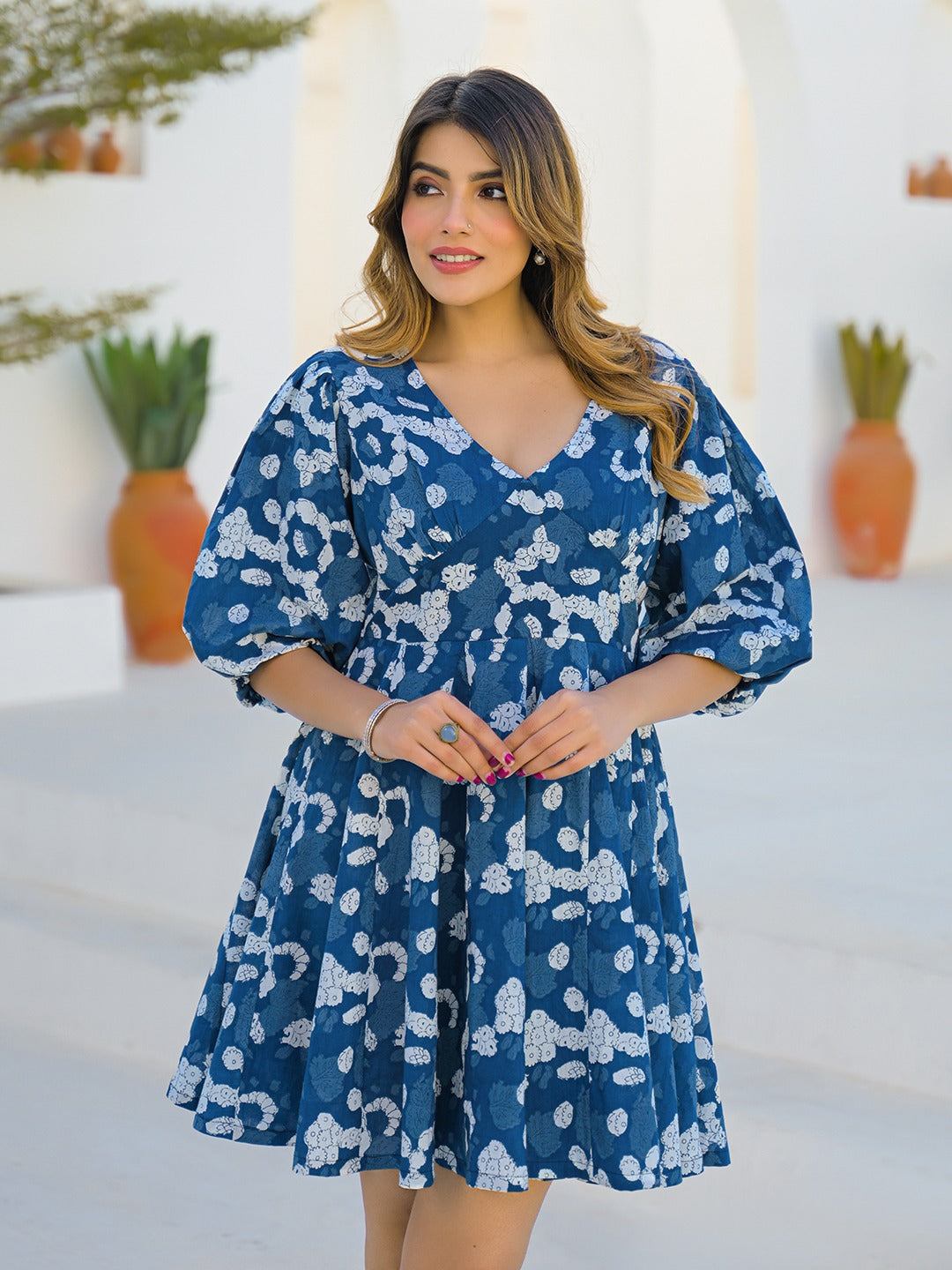 Blue Printed Pure Cotton Dress