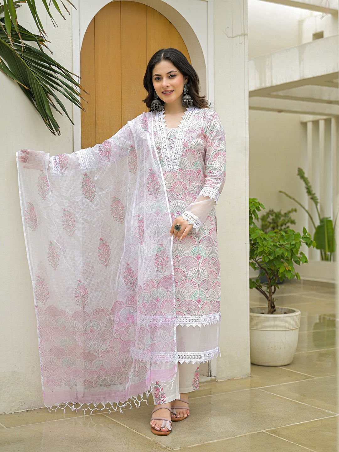 White Hand Block Straight Kurta Pant Set With Dupatta