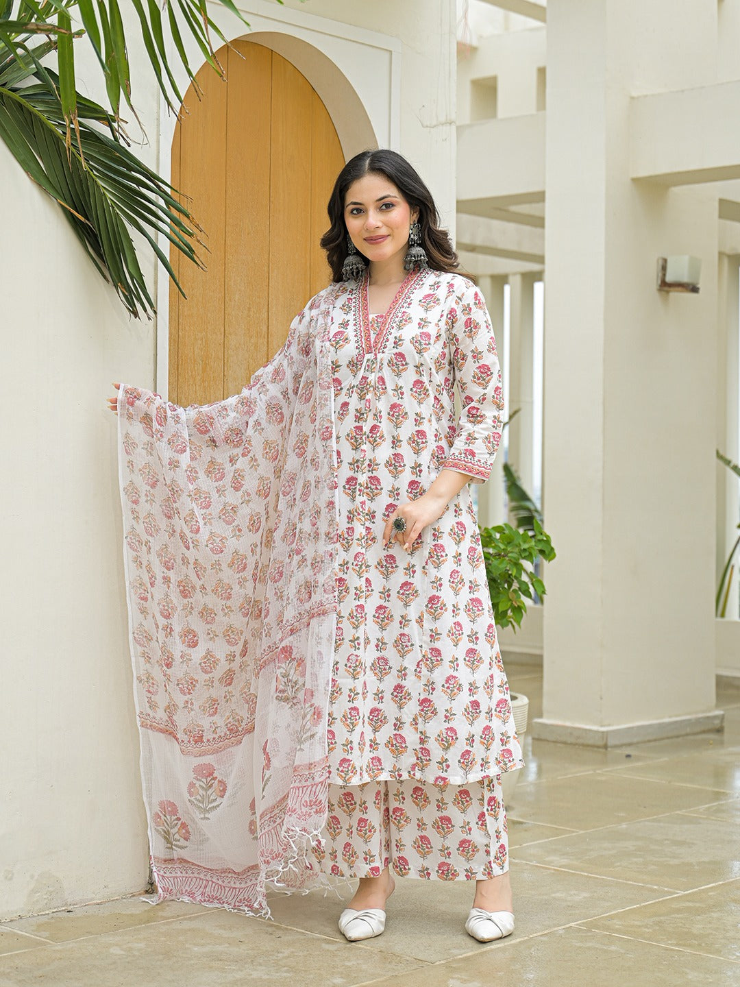 White Hand Block A-Line Kurta Pant Set With Dupatta
