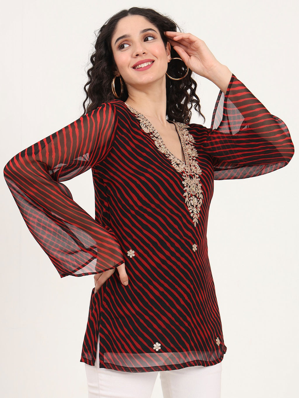 Black Leheriya Gotta Patti Work V-Neck A-Line Top