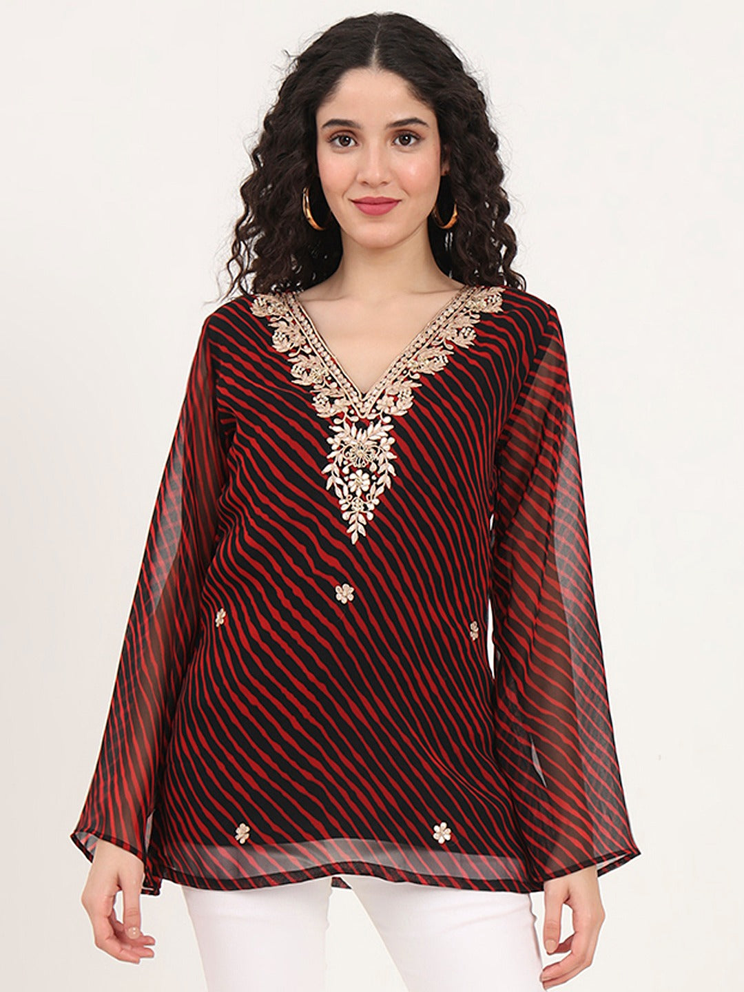 Black Leheriya Gotta Patti Work V-Neck A-Line Top