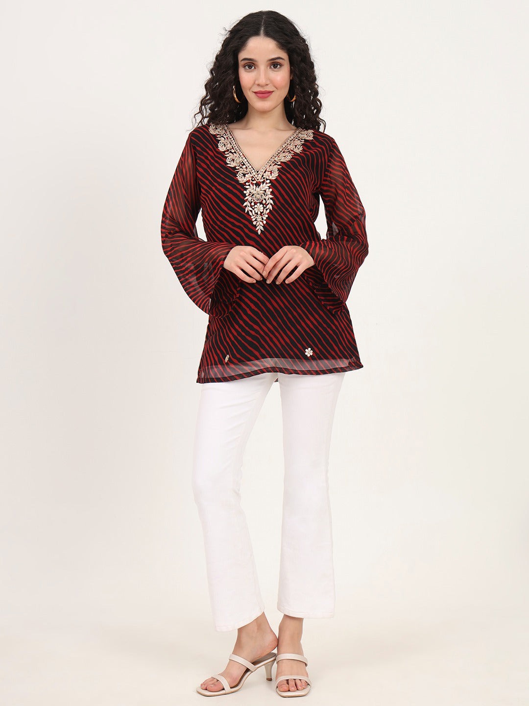 Black Leheriya Gotta Patti Work V-Neck A-Line Top