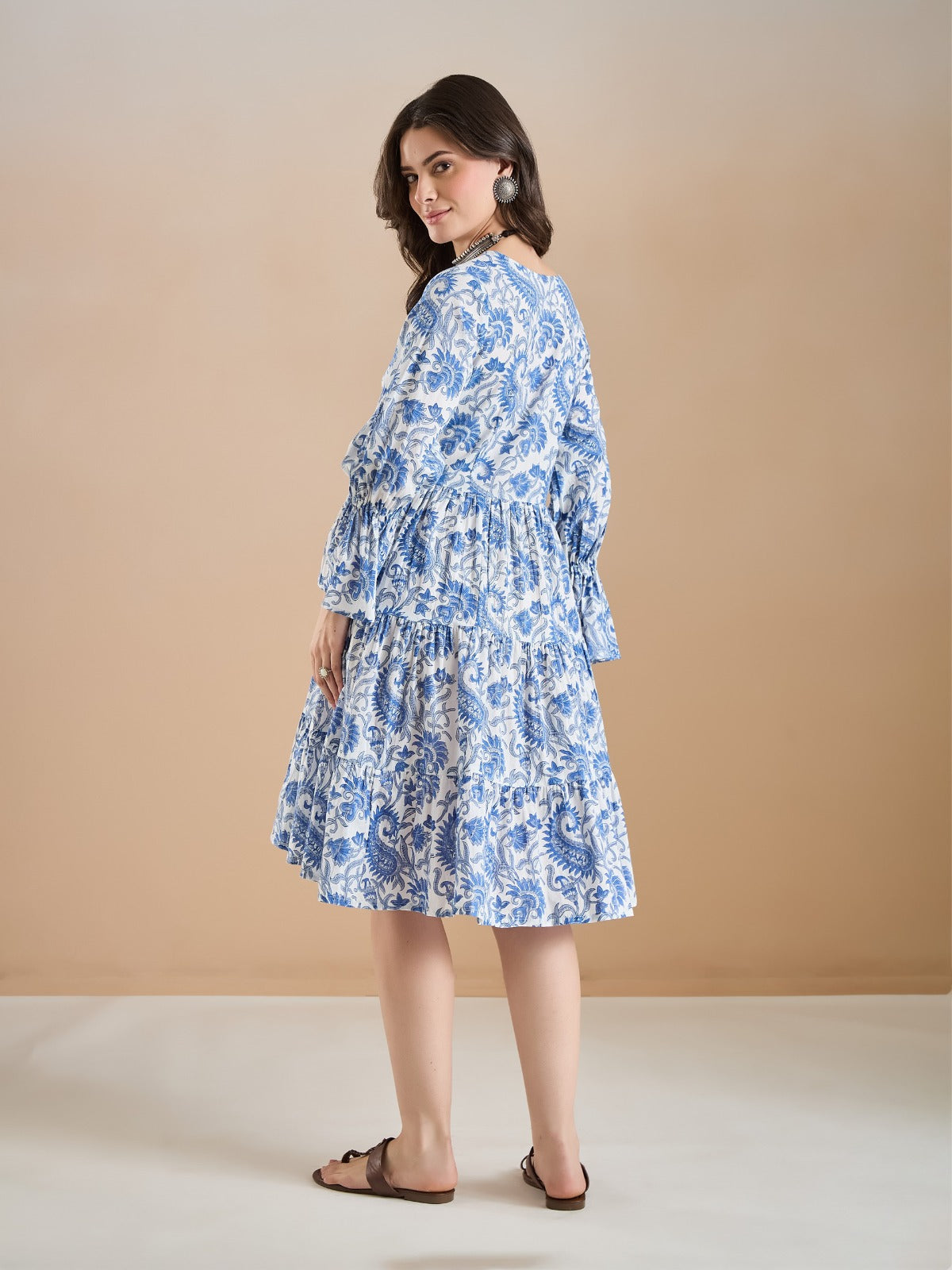 White & Blue Floral Print Peplum Fit & Flare Dress