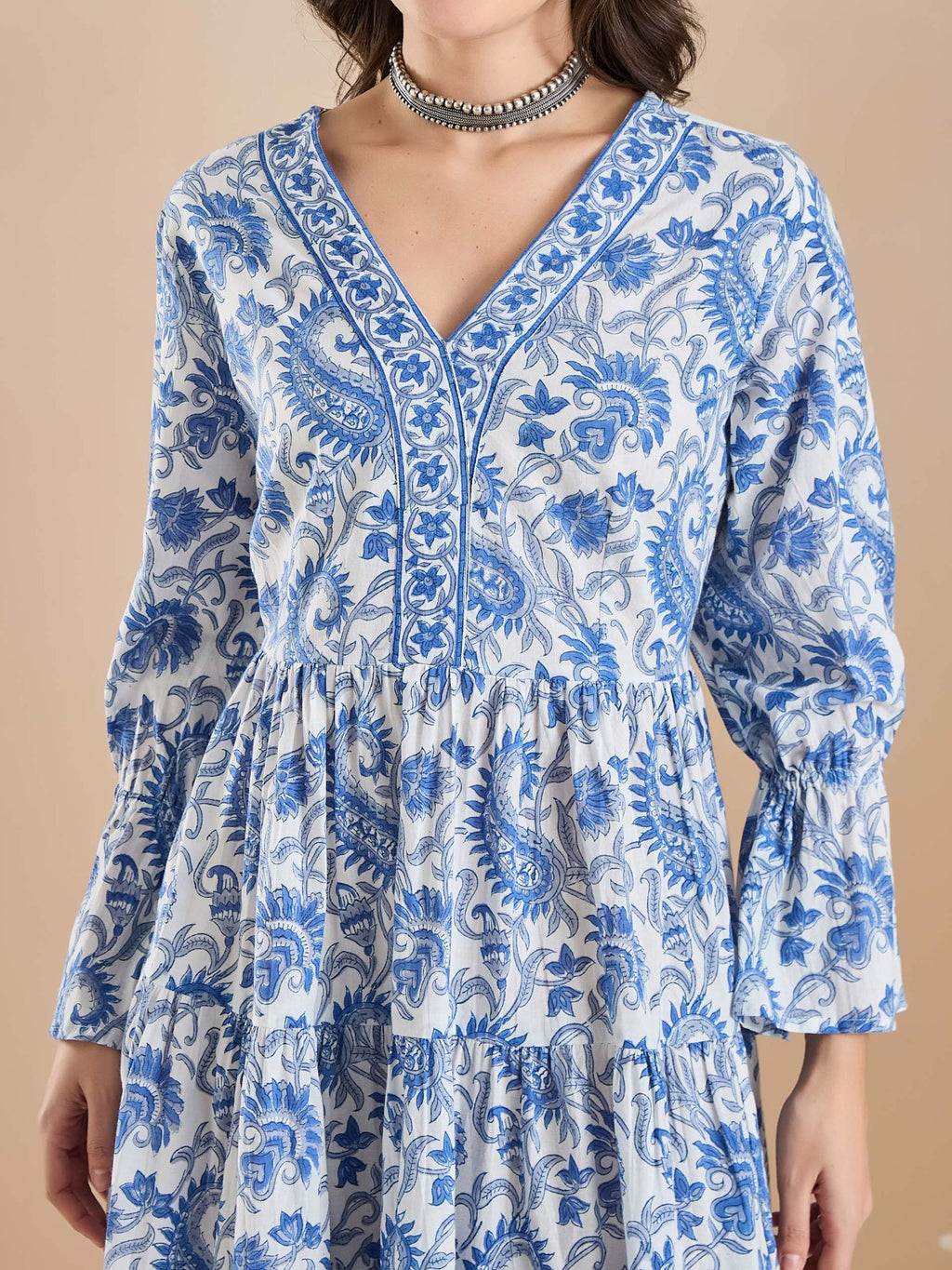 White & Blue Floral Print Peplum Fit & Flare Dress
