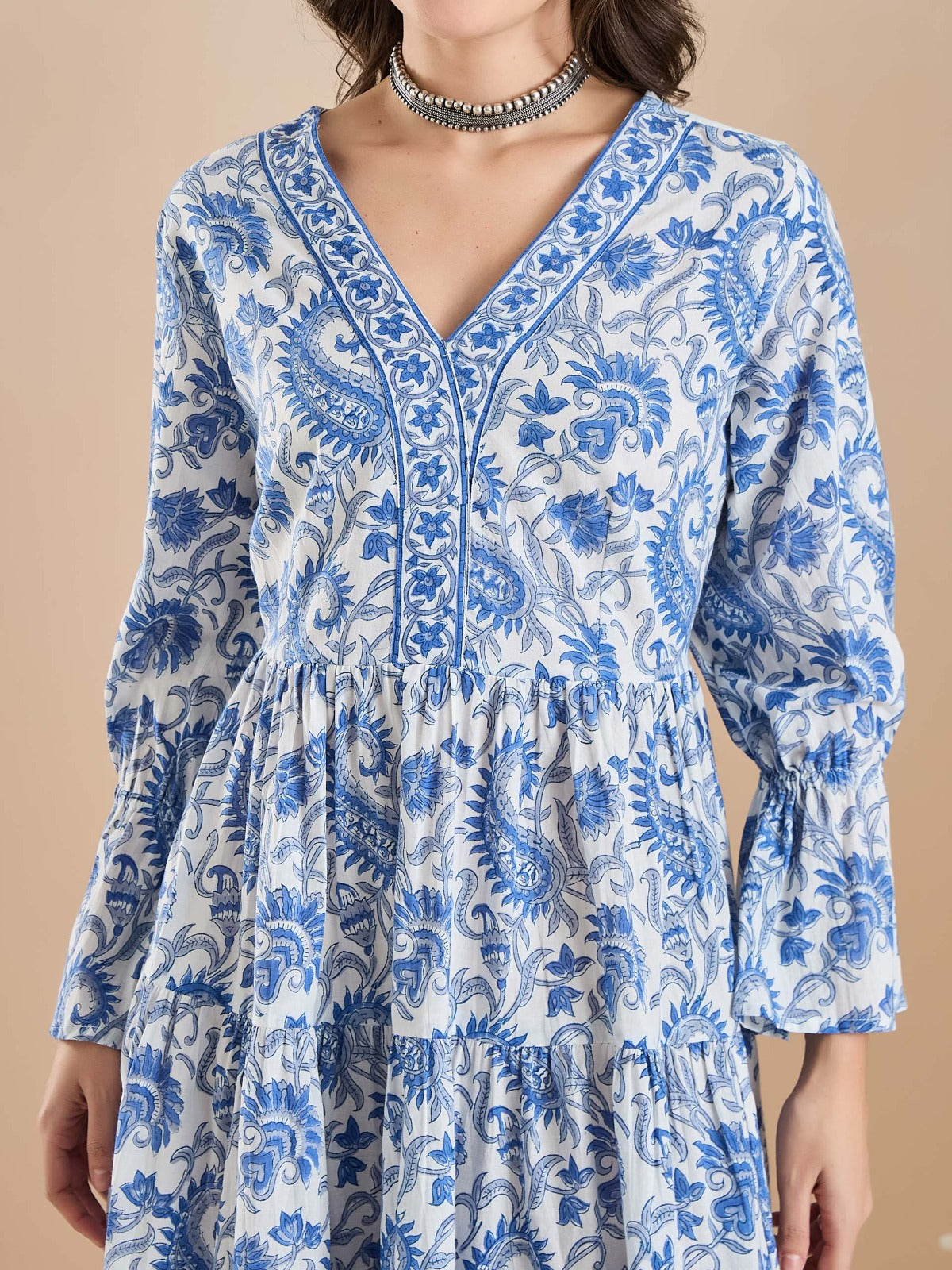 White & Blue Floral Print Peplum Fit & Flare Dress