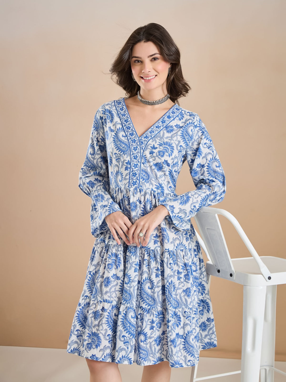 White & Blue Floral Print Peplum Fit & Flare Dress