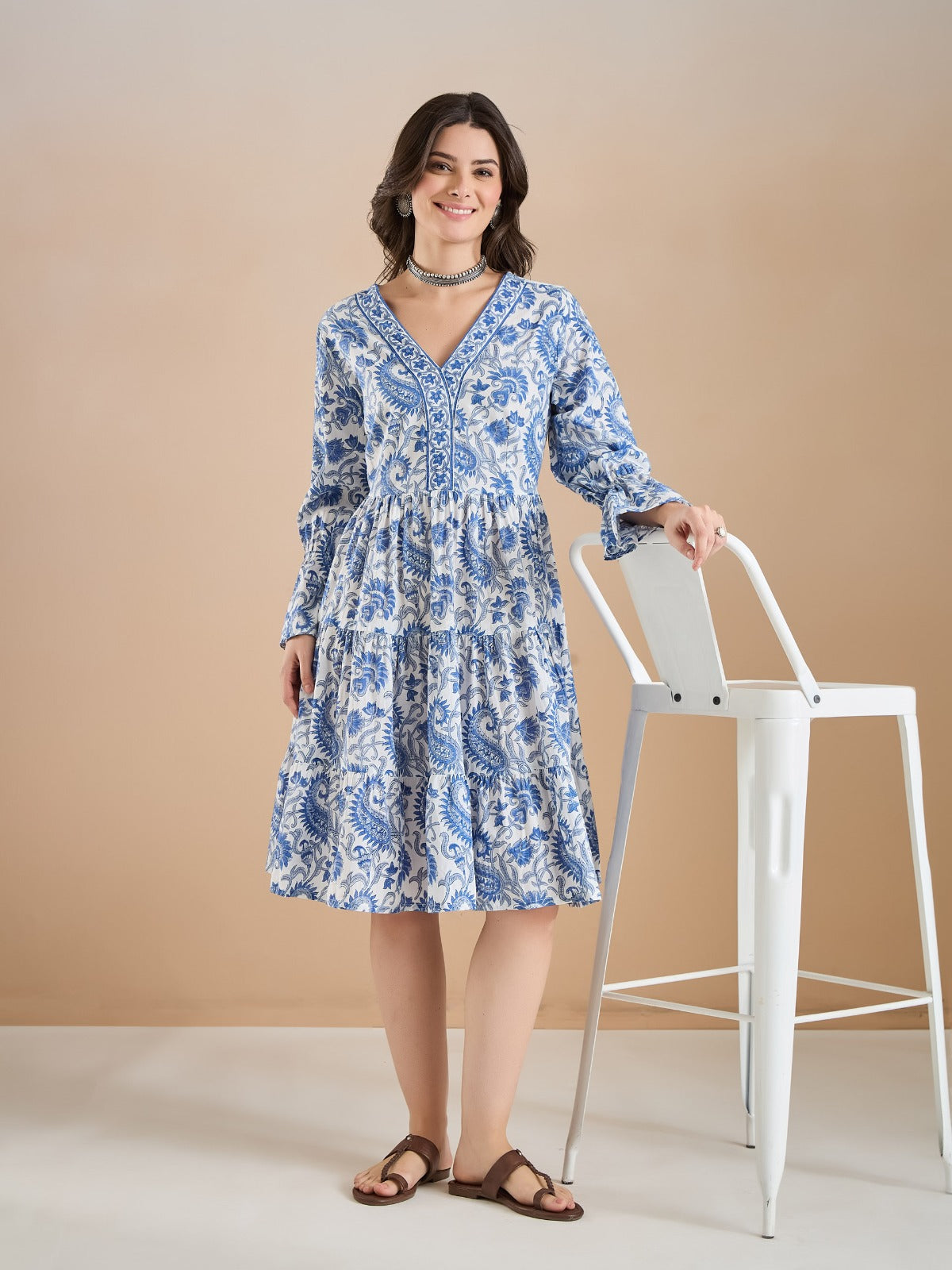 White & Blue Floral Print Peplum Fit & Flare Dress