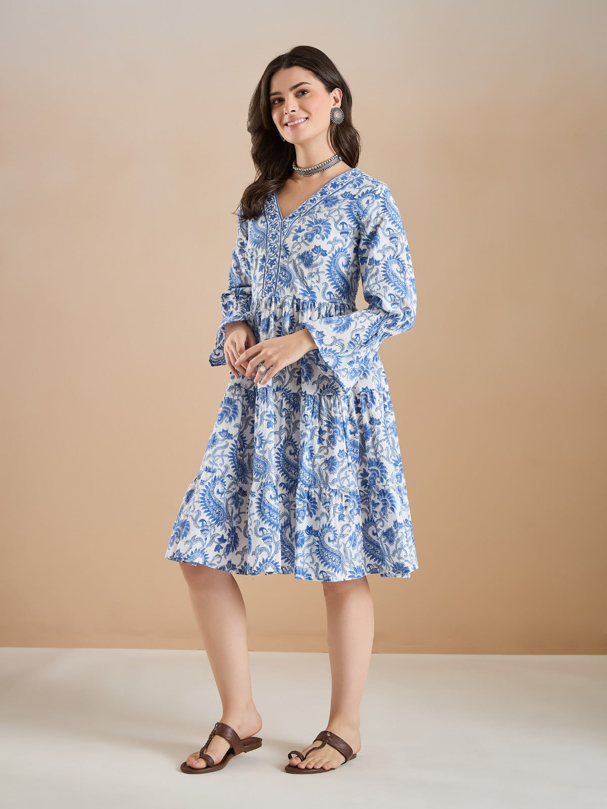 White & Blue Floral Print Peplum Fit & Flare Dress