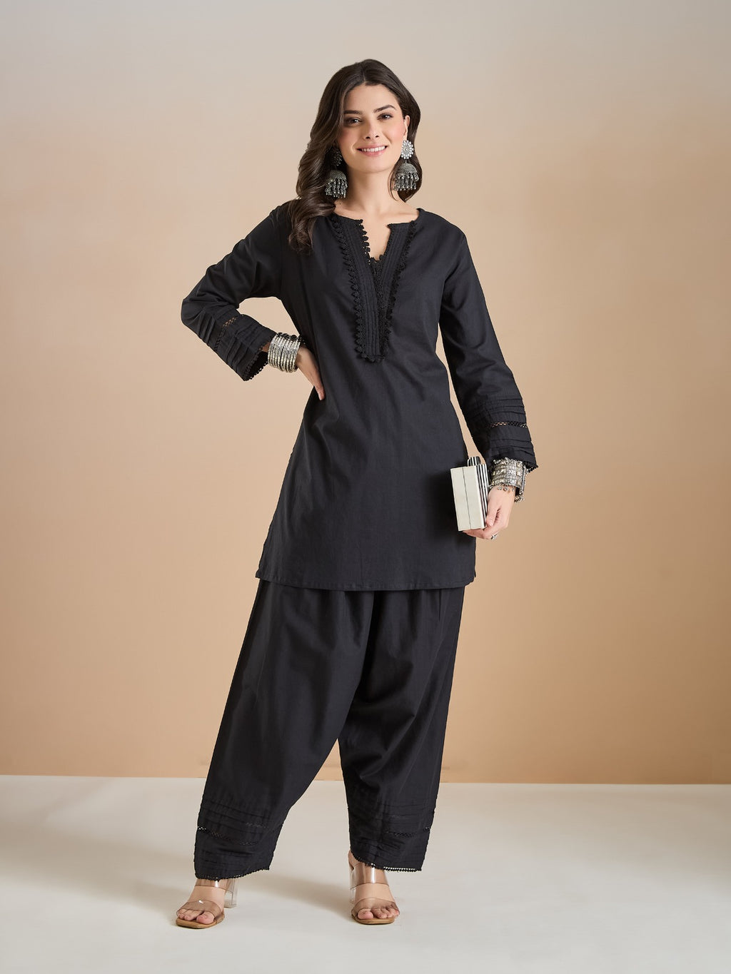Pure Cotton Straight Fit Black Kurti With Farshi Salwar