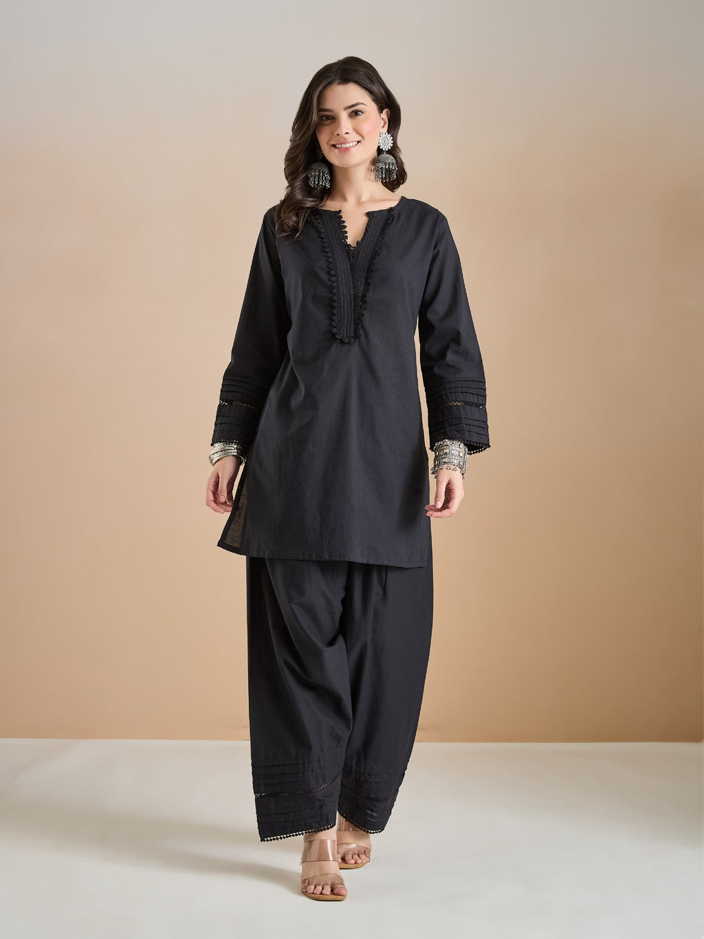 Pure Cotton Straight Fit Black Kurti With Farshi Salwar
