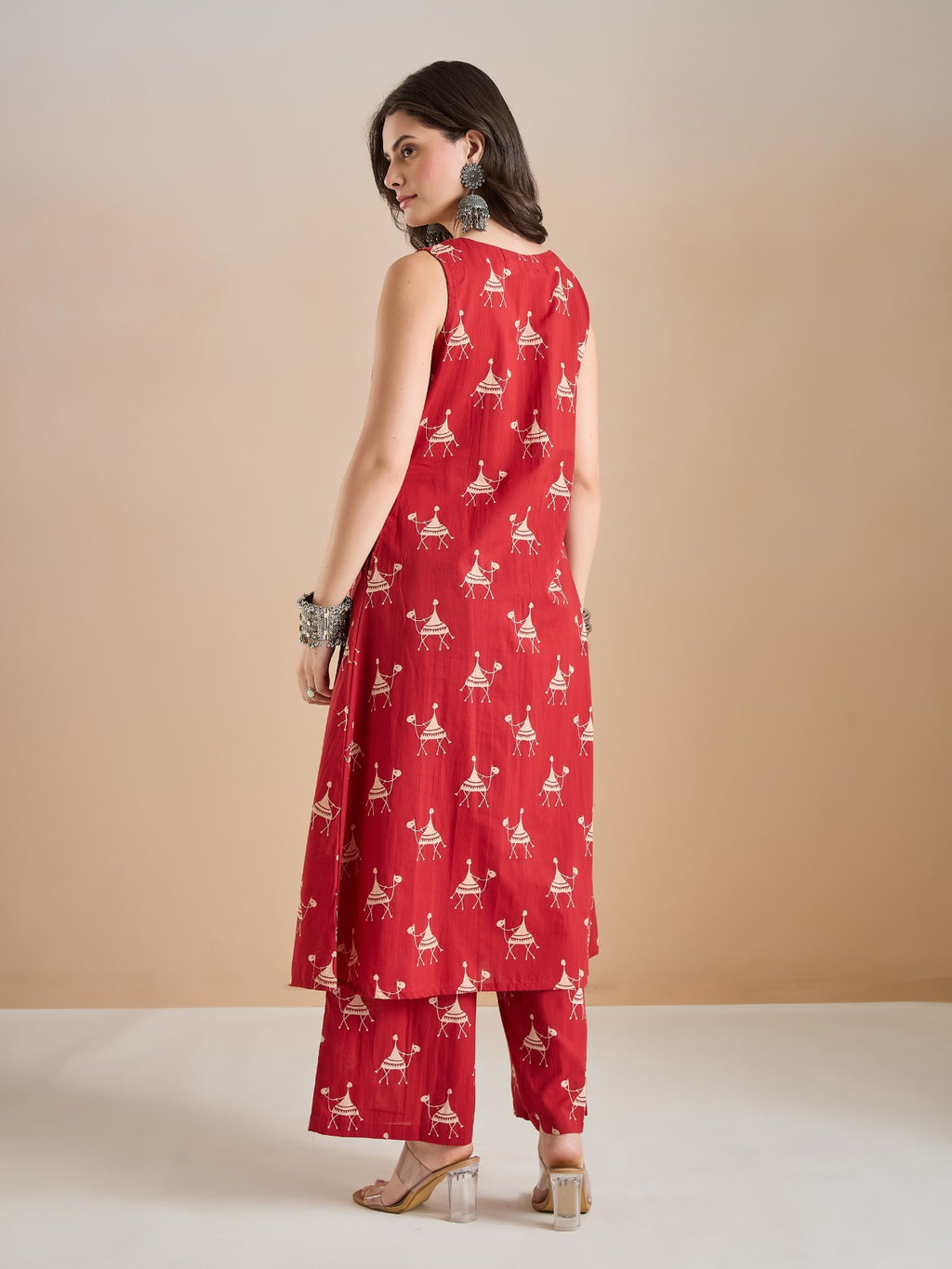 Women’s Red Animal Print Pure Cotton A-Line Kurta Set with Pants