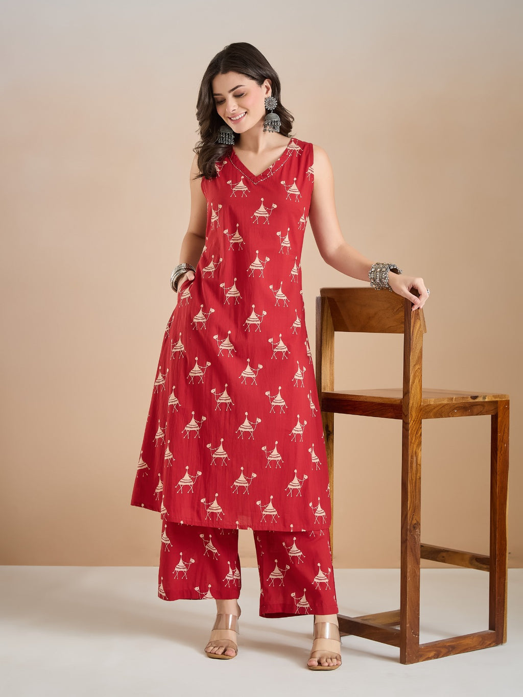 Women’s Red Animal Print Pure Cotton A-Line Kurta Set with Pants