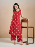 Women’s Red Animal Print Pure Cotton A-Line Kurta Set with Pants