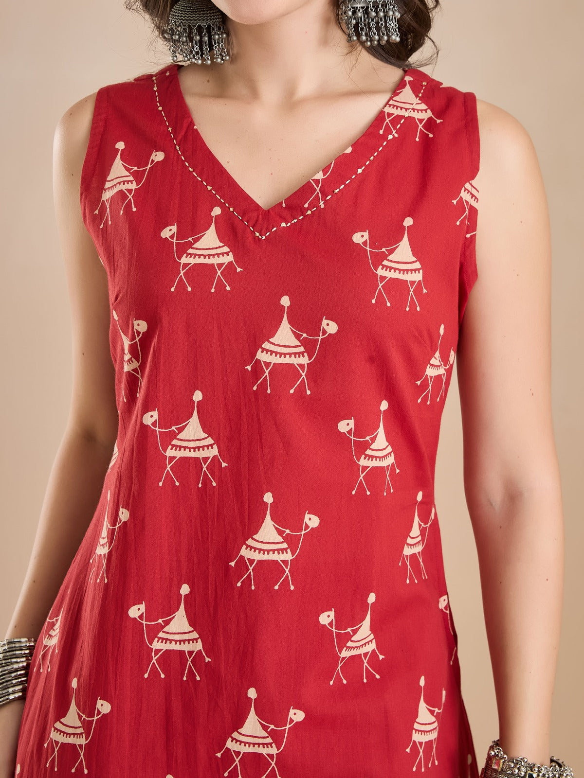 Women’s Red Animal Print Pure Cotton A-Line Kurta Set with Pants