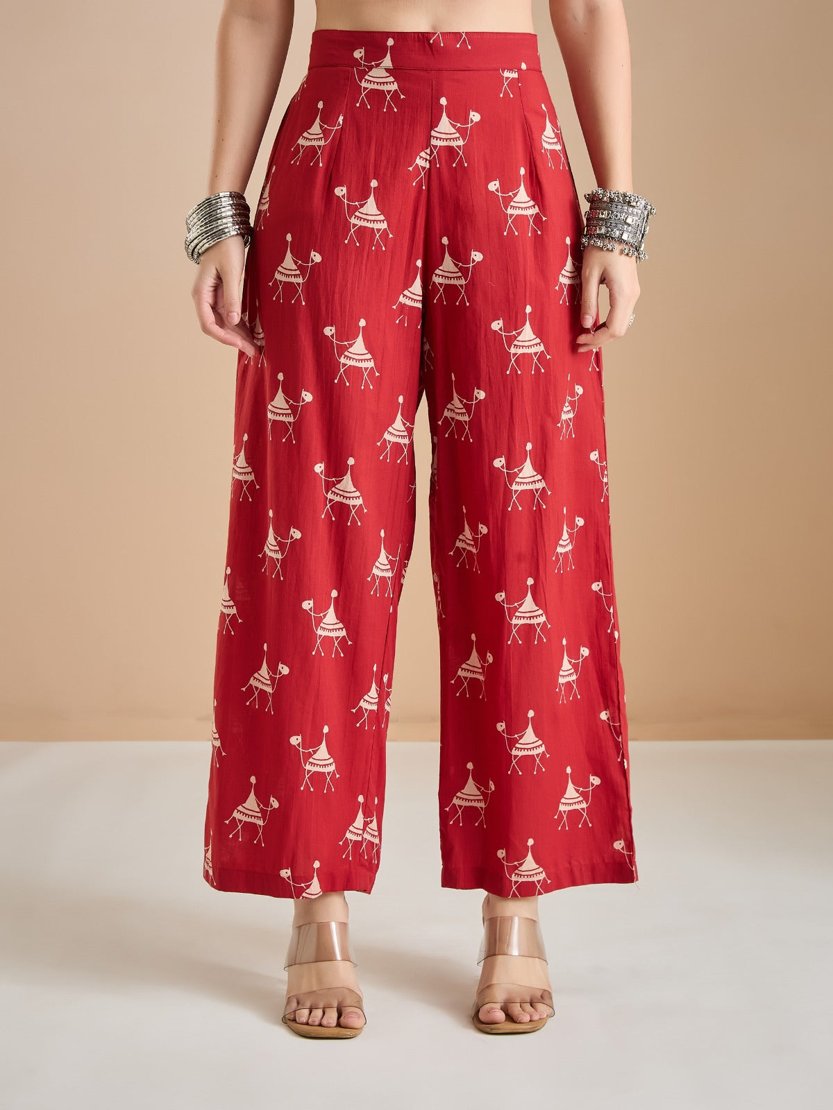 Women’s Red Animal Print Pure Cotton A-Line Kurta Set with Pants