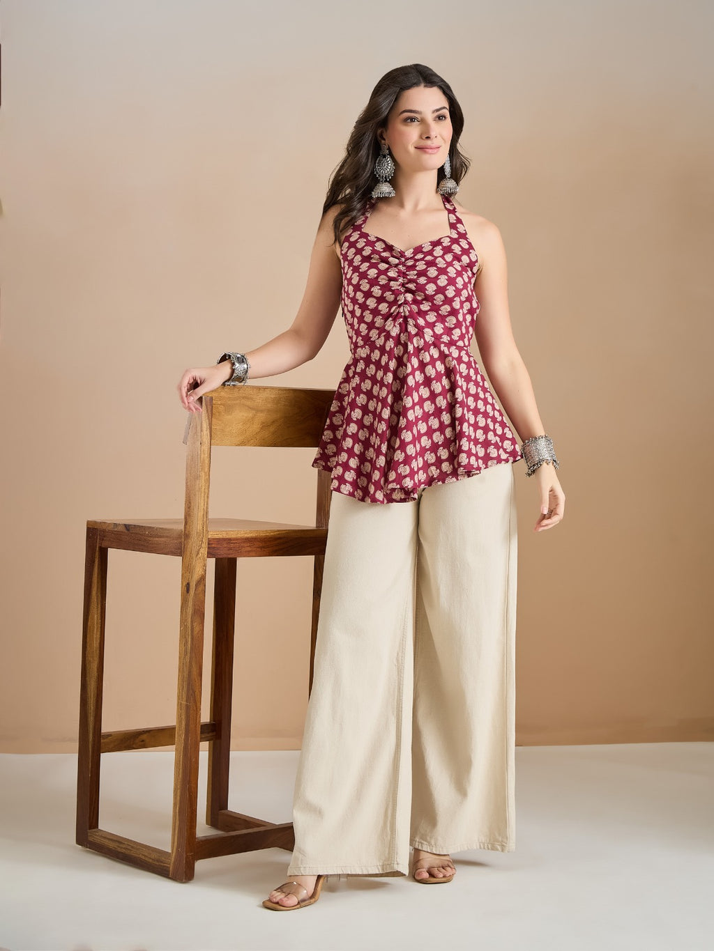 Women’s Wine Floral Print Pure Cotton Halter Neck Peplum Top