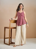 Women’s Wine Floral Print Pure Cotton Halter Neck Peplum Top