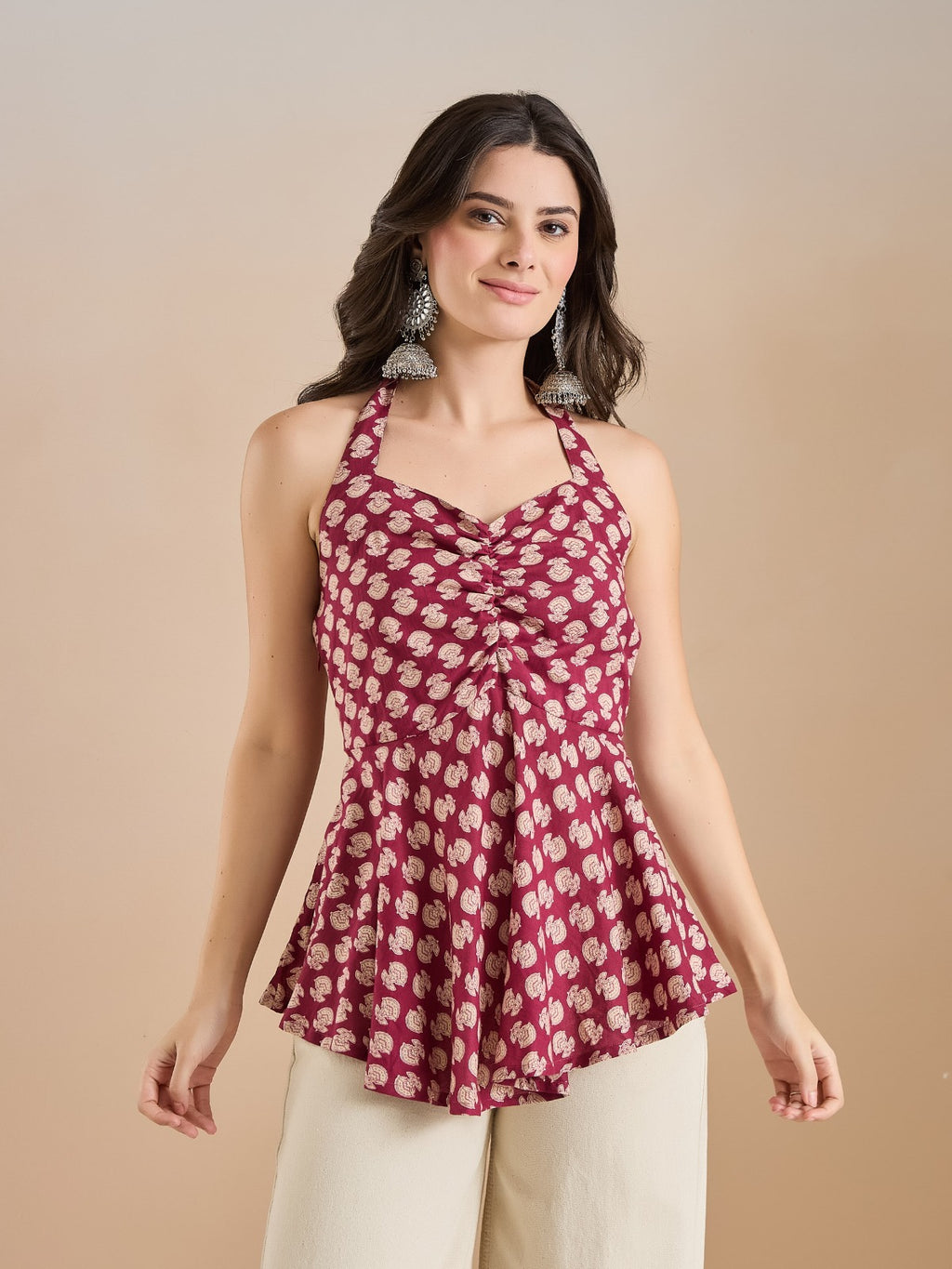 Women’s Wine Floral Print Pure Cotton Halter Neck Peplum Top