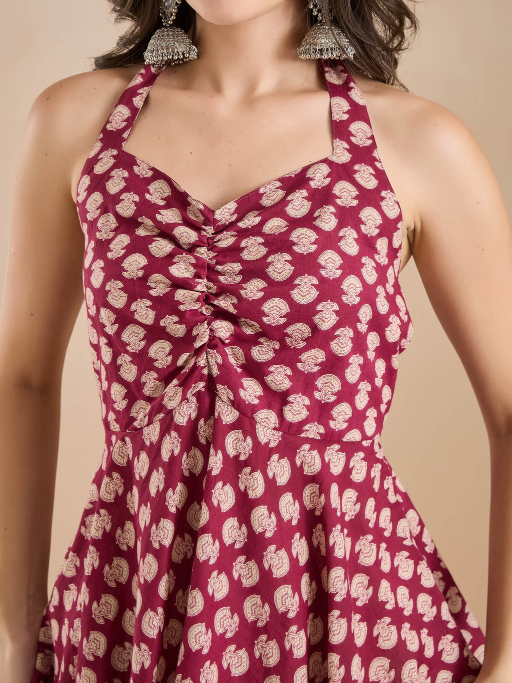 Women’s Wine Floral Print Pure Cotton Halter Neck Peplum Top