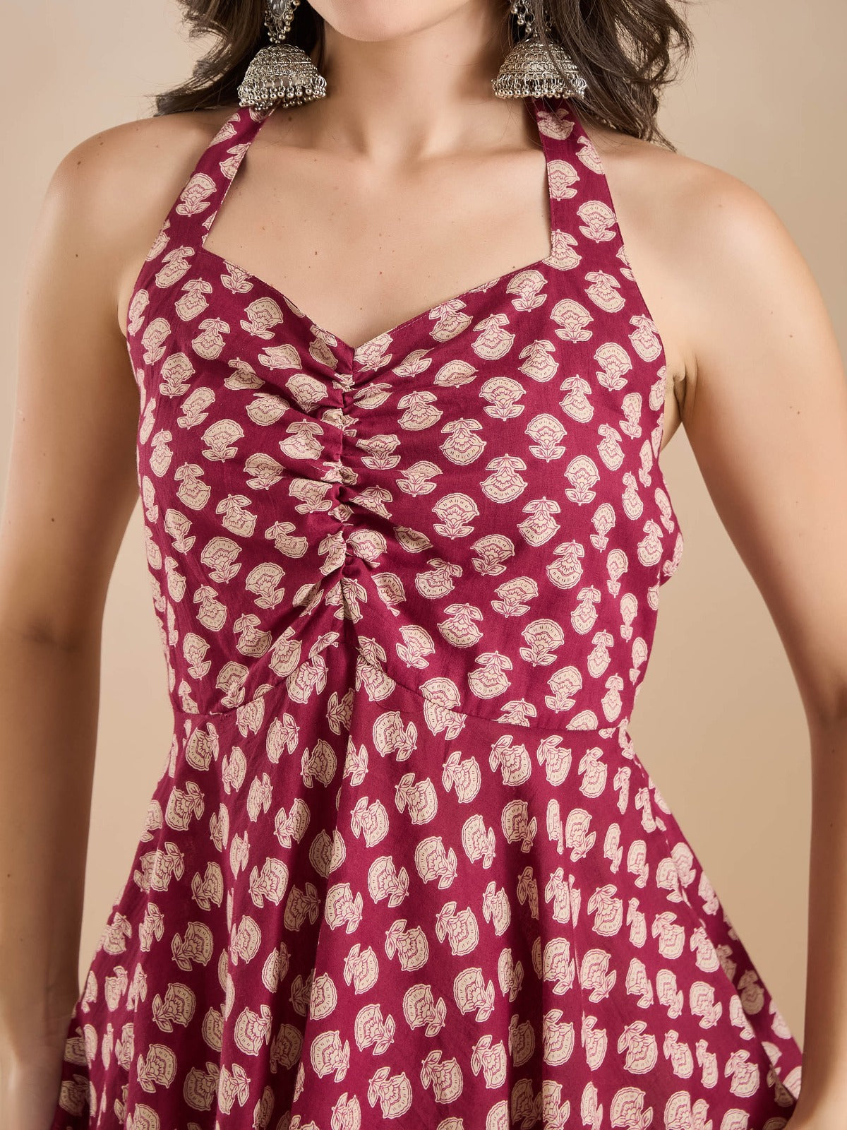Women’s Wine Floral Print Pure Cotton Halter Neck Peplum Top