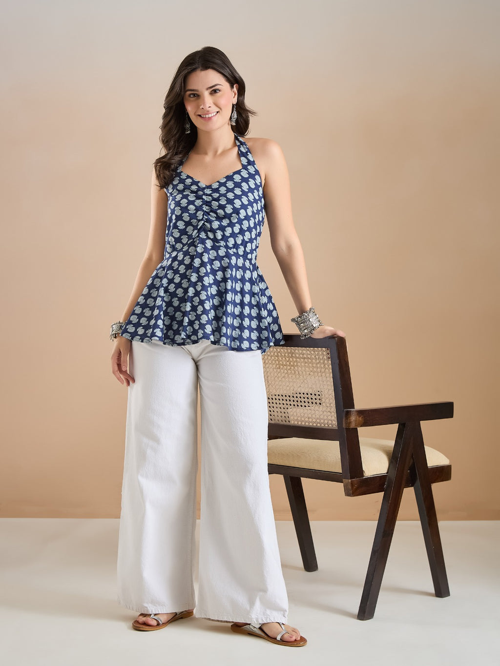 Women’s Blue Floral Print Pure Cotton Halter Neck Peplum Top