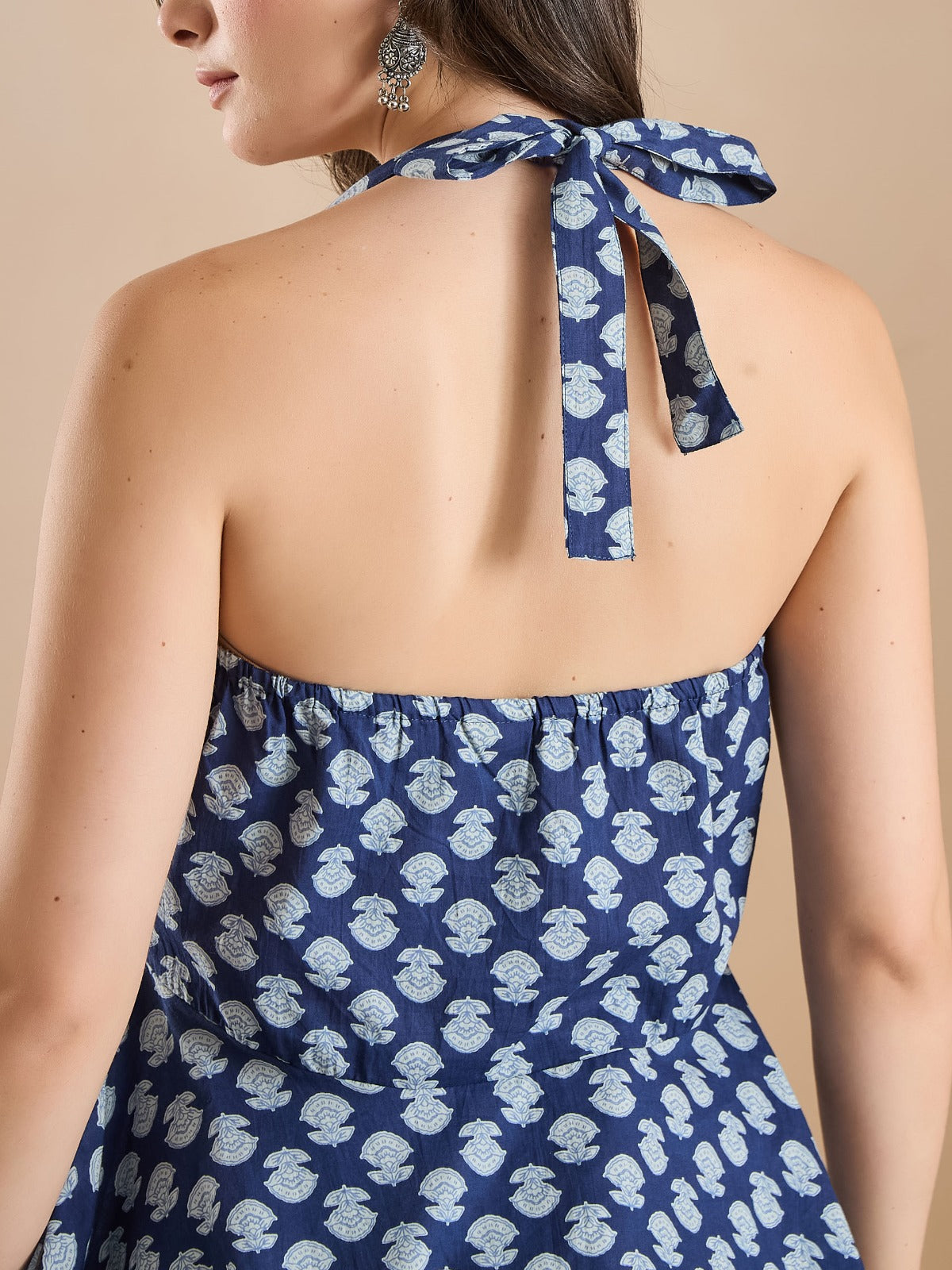Women’s Blue Floral Print Pure Cotton Halter Neck Peplum Top