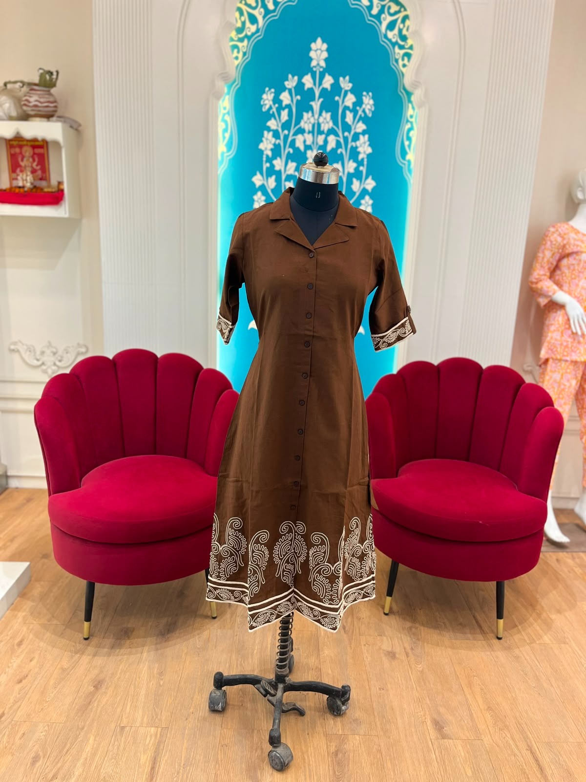 Women’s Cotton Button-Down Midi Dress with Paisley Embroidery