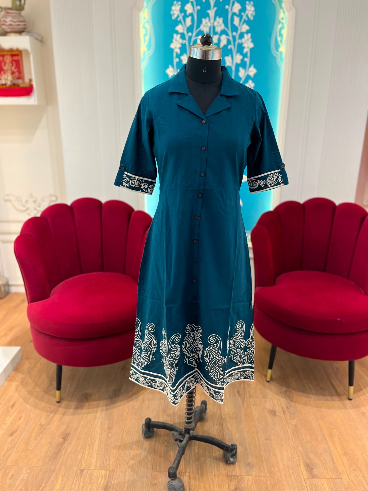 Women’s Cotton Button-Down Midi Dress with Paisley Embroidery