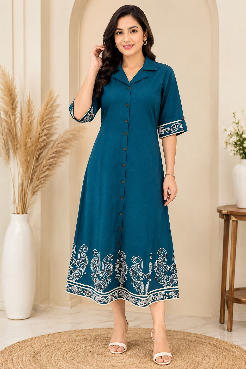 Women’s Cotton Button-Down Midi Dress with Paisley Embroidery