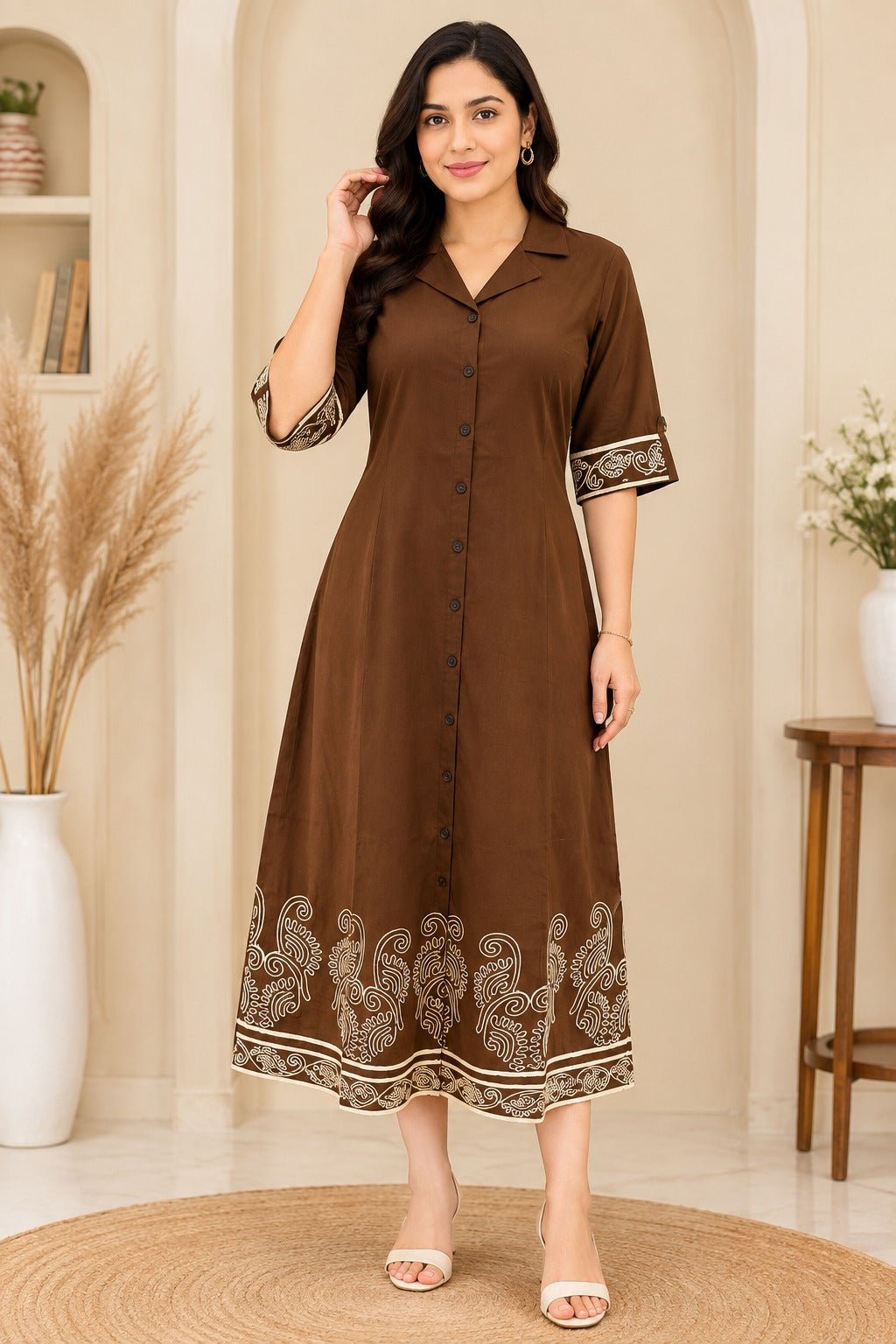 Women’s Cotton Button-Down Midi Dress with Paisley Embroidery