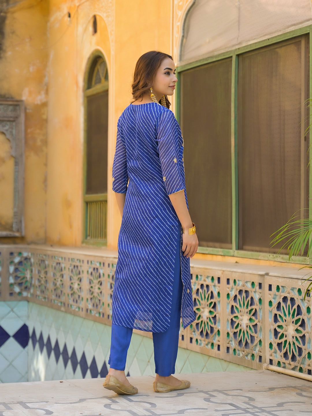 Women’s Royal Blue Leheriya Gota Patti & Zari Work Kurta Pant Set with Dupatta