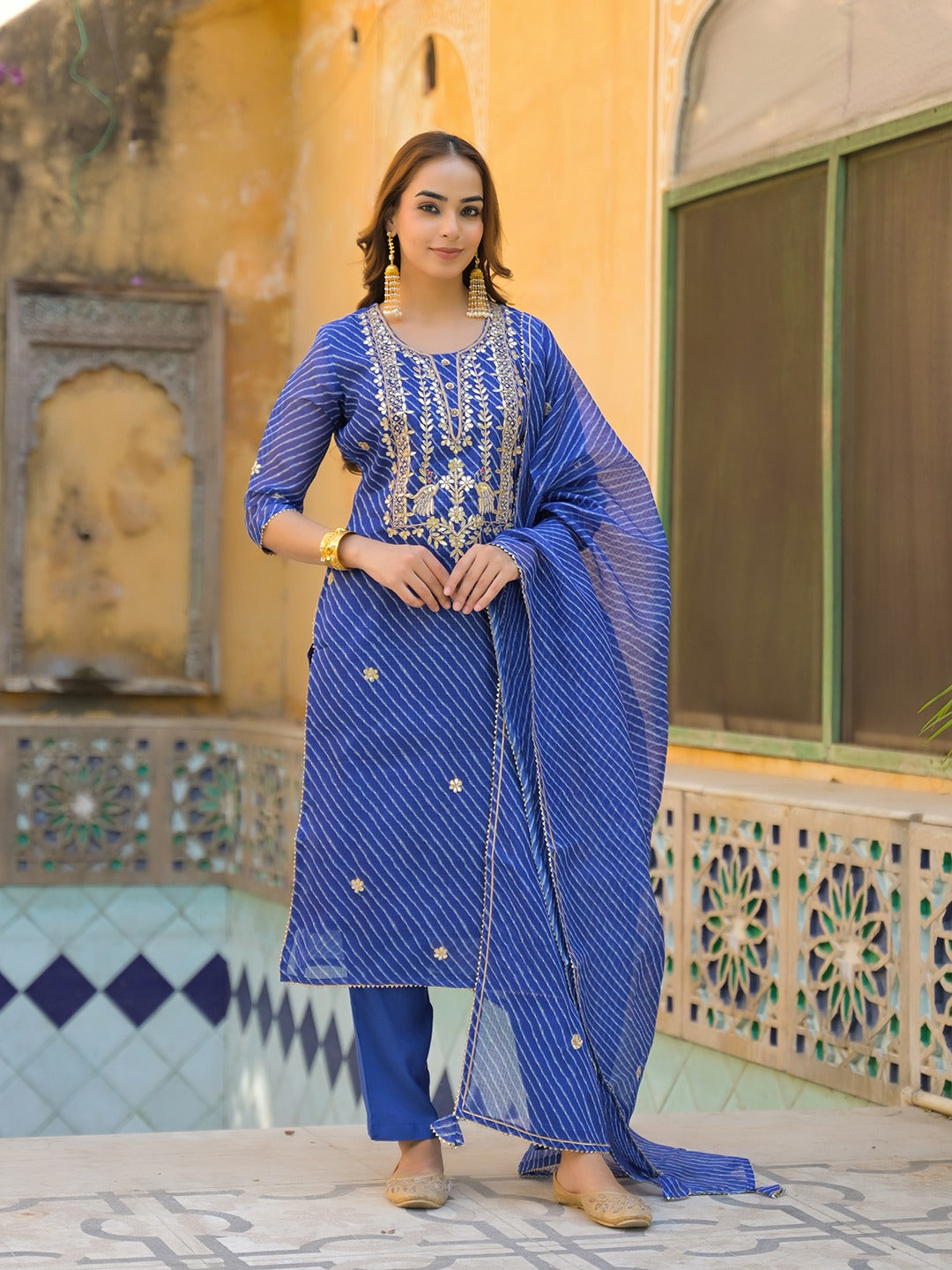 Women’s Royal Blue Leheriya Gota Patti & Zari Work Kurta Pant Set with Dupatta