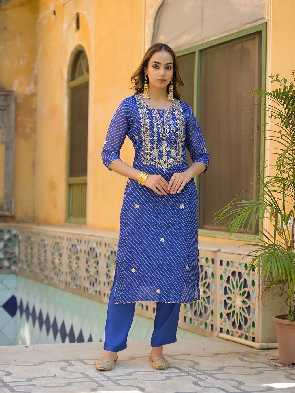 Women’s Royal Blue Leheriya Gota Patti & Zari Work Kurta Pant Set with Dupatta