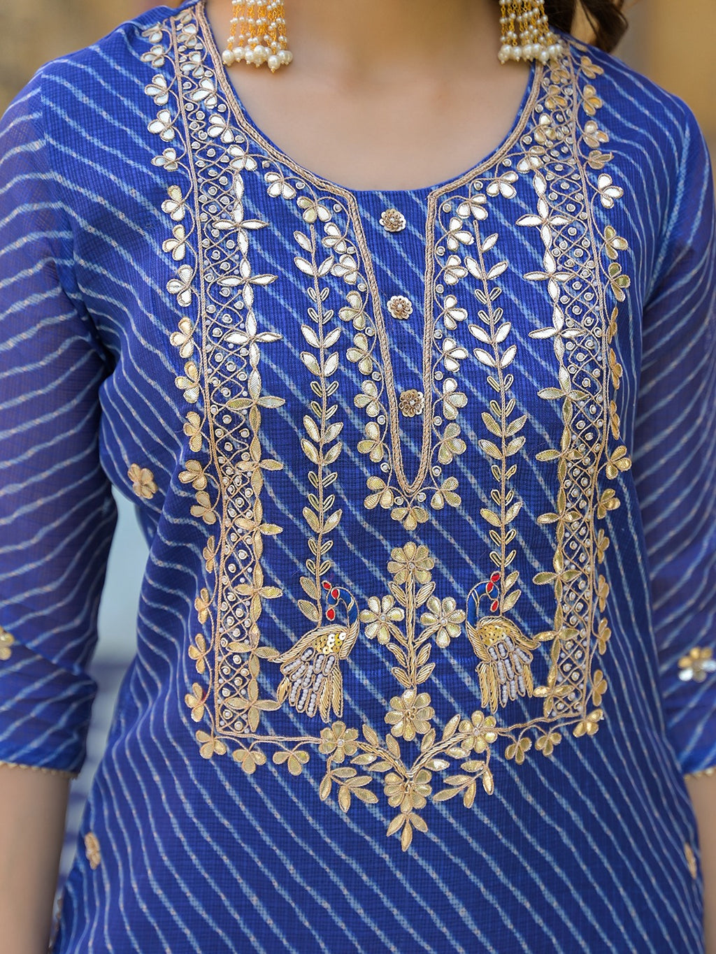 Women’s Royal Blue Leheriya Gota Patti & Zari Work Kurta Pant Set with Dupatta