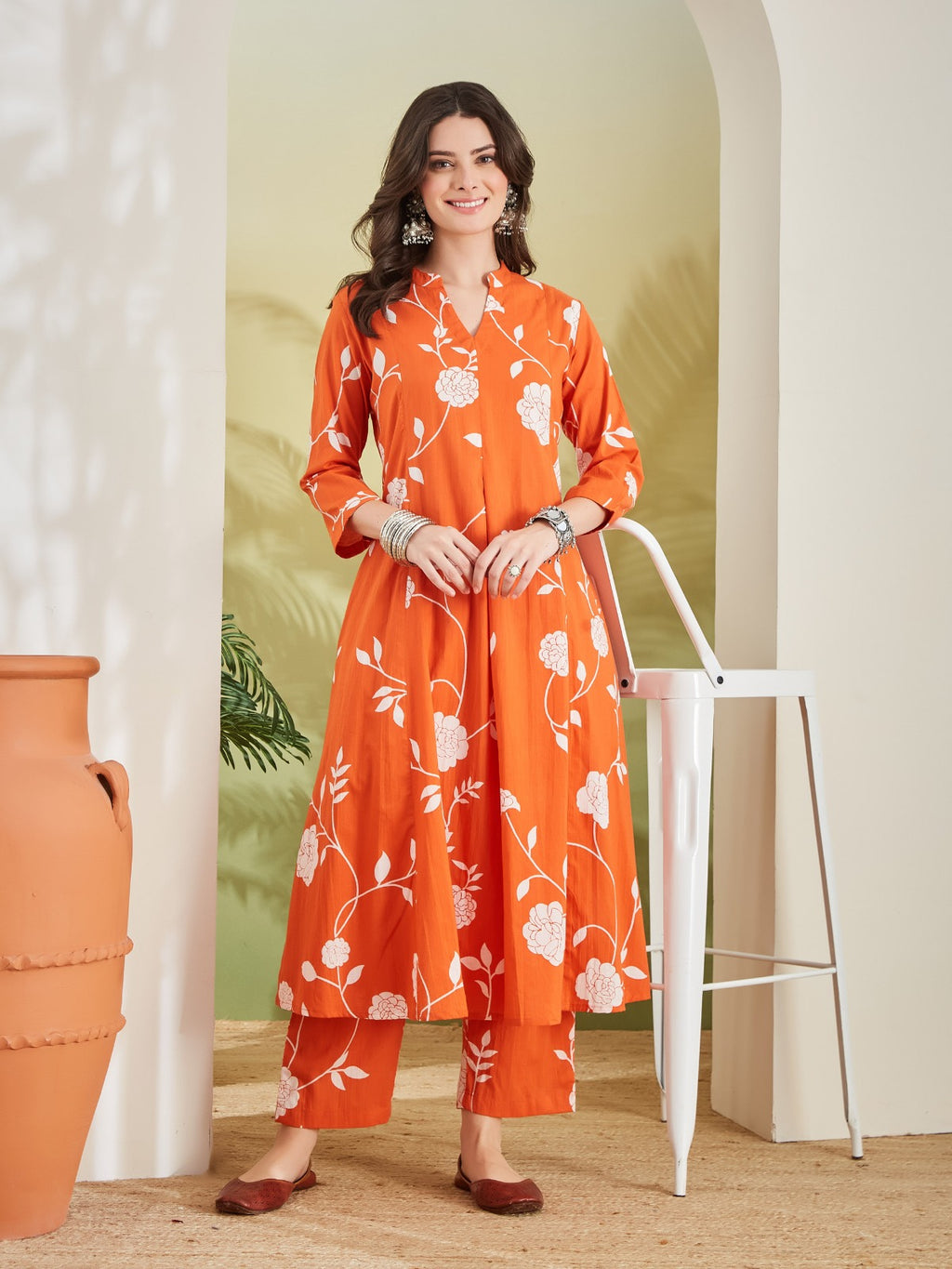 Women Printed Pure Cotton Orange Anarkali Kurta With Pants
