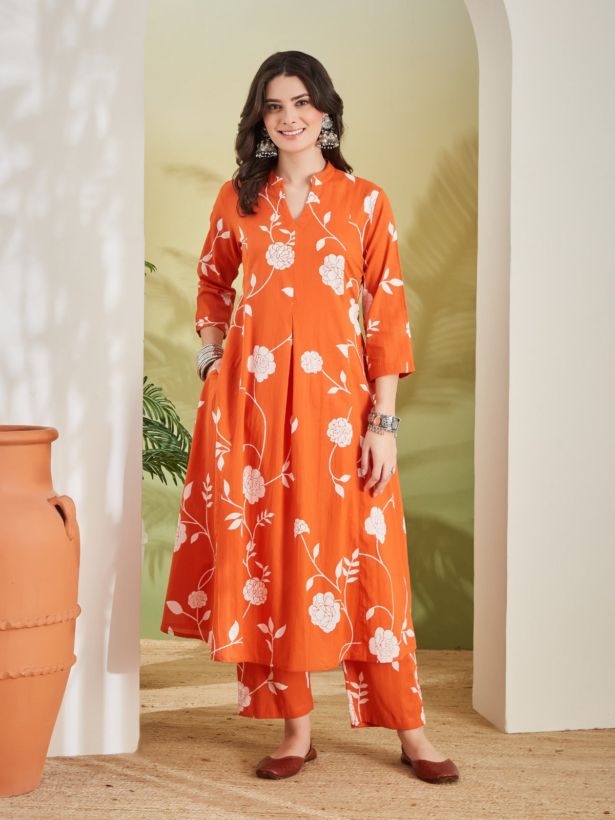Women Printed Pure Cotton Orange Anarkali Kurta With Pants