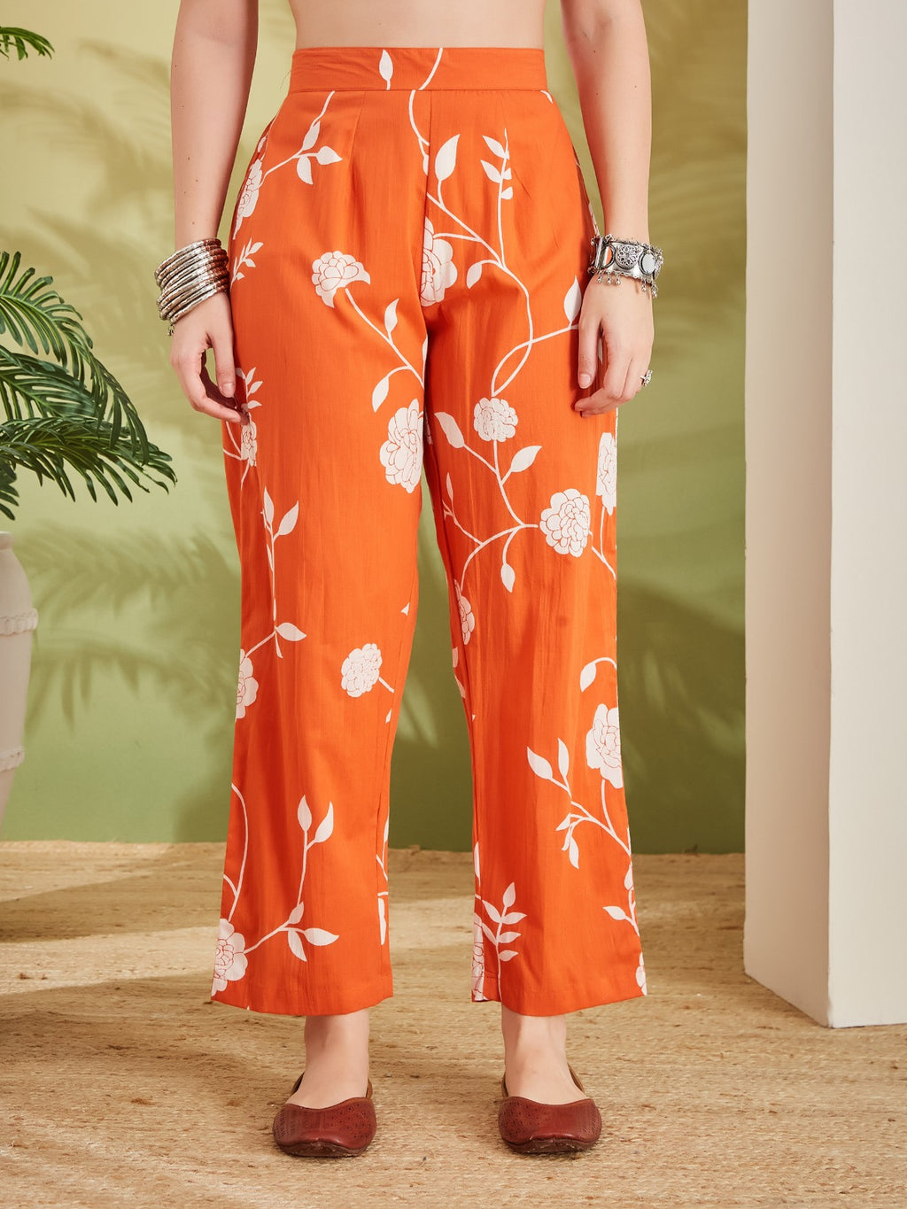Women Printed Pure Cotton Orange Anarkali Kurta With Pants