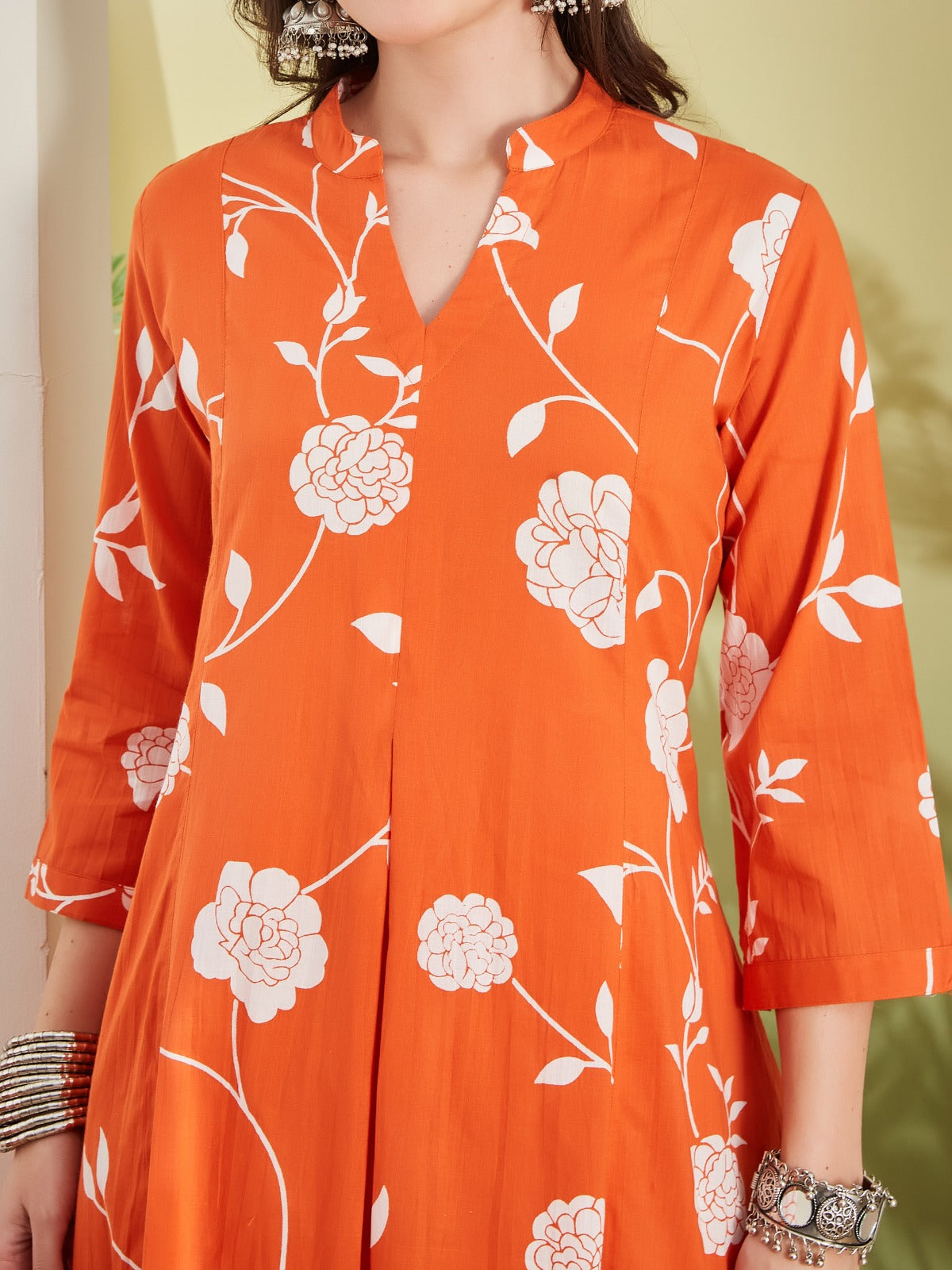 Women Printed Pure Cotton Orange Anarkali Kurta With Pants