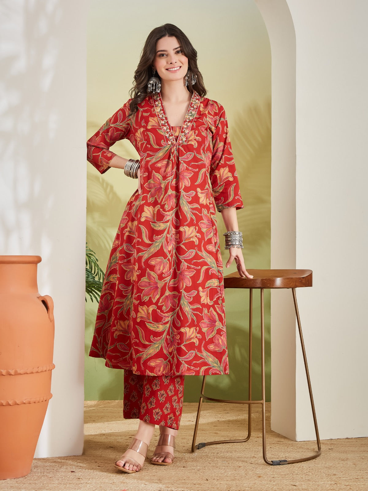 Women’s Red Floral Print Pure Cotton A-Line Anarkali Kurta Set with Pants
