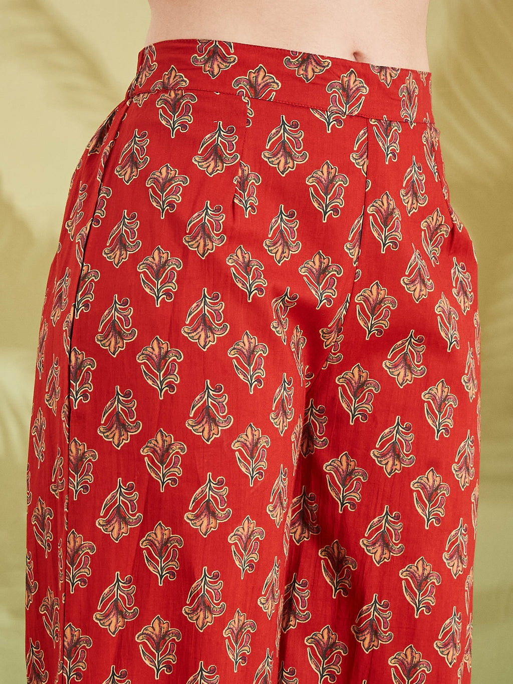 Women’s Red Floral Print Pure Cotton A-Line Anarkali Kurta Set with Pants
