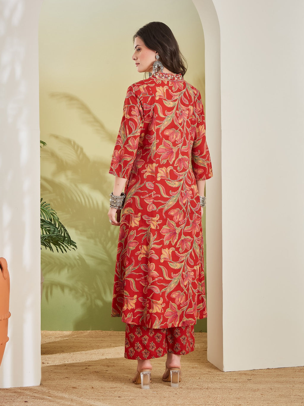 Women’s Red Floral Print Pure Cotton A-Line Anarkali Kurta Set with Pants