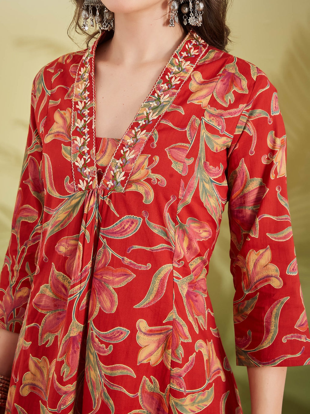 Women’s Red Floral Print Pure Cotton A-Line Anarkali Kurta Set with Pants
