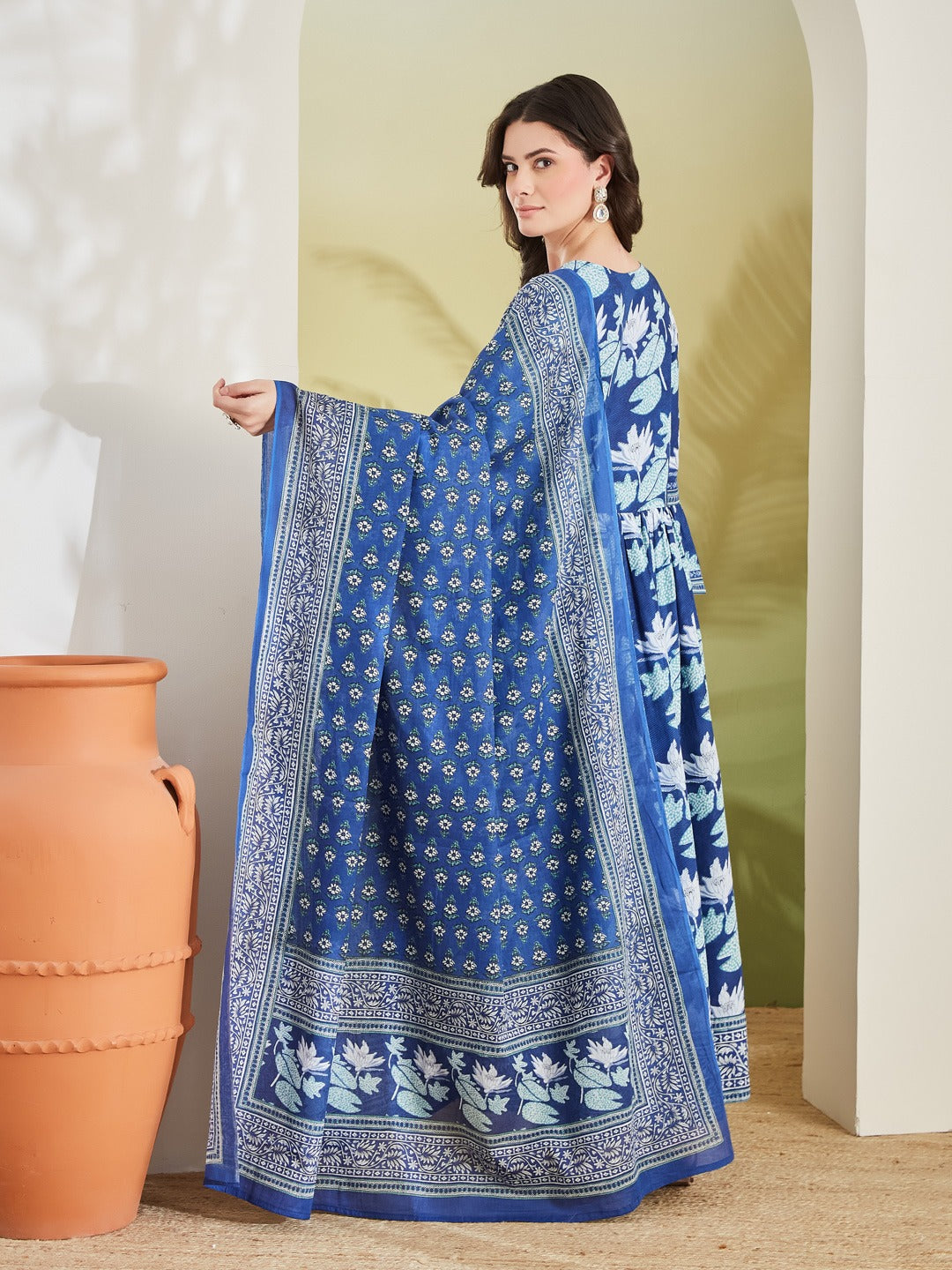 Women’s Blue Floral Print Pure Cotton Angrakha Anarkali Kurta Set with Trousers & Dupatta