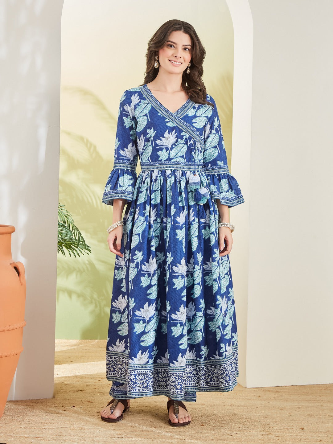 Women’s Blue Floral Print Pure Cotton Angrakha Anarkali Kurta Set with Trousers & Dupatta