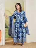 Women’s Blue Floral Print Pure Cotton Angrakha Anarkali Kurta Set with Trousers & Dupatta