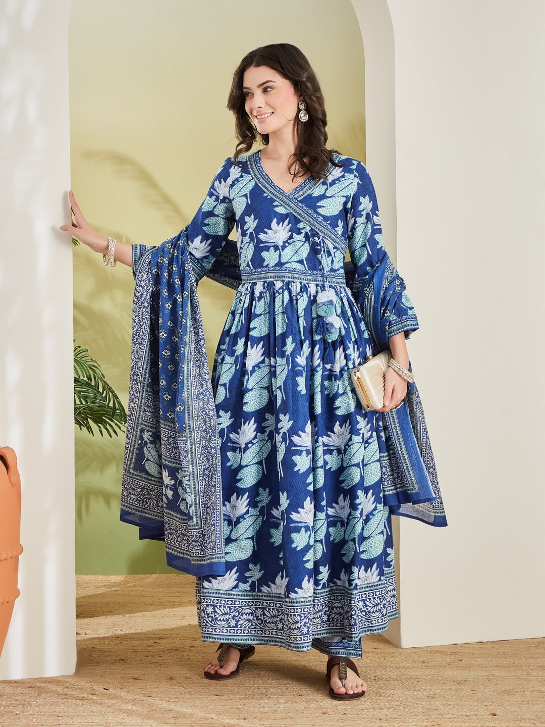 Women’s Blue Floral Print Pure Cotton Angrakha Anarkali Kurta Set with Trousers & Dupatta